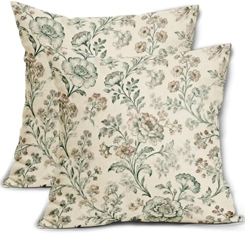Sage Green Brown Vintage Floral Pillow Covers 22x22 Inch Set of 2