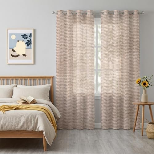 Beige Herringbone Sheer Curtains 84 Inch Long 2 Panels, Modern