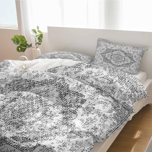 Duvet Cover Set Full, Gray Ethnic Flower Texture 3 Piece Bedding Set