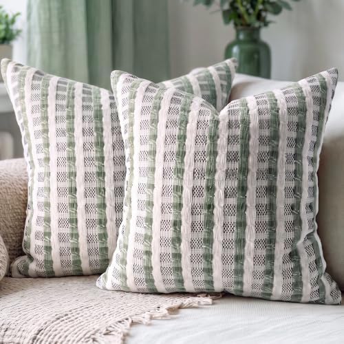 Decorative Throw Pillow Covers 18x18 Plaid Sage Green Pack of 2 for