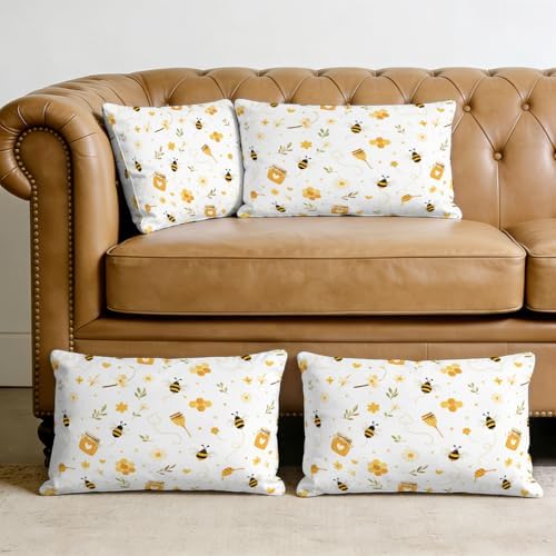 Farmhouse Bees Pillow Covers 12x20IN Set of 2 Cotton Linen Reversible