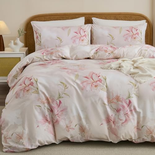 100% Cotton Duvet Cover Queen Size – Elegant Blush Lily Pink Floral