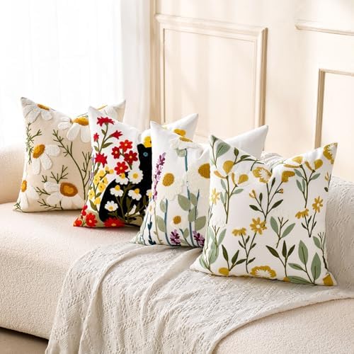 Embroidered Floral Throw Pillow Covers Summer Decorative Couch Pillow