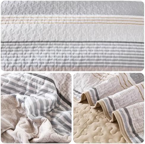 Dintszyayue Quilt King Size Khaki Grey, 3 Pcs Boho Striped Bedspread