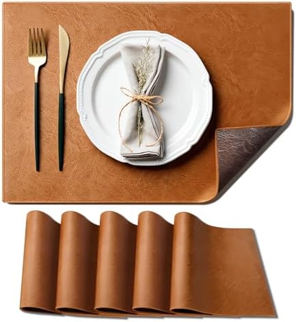 Faux Leather Placemats Set of 6, Brown & Coffee Reversible Leather