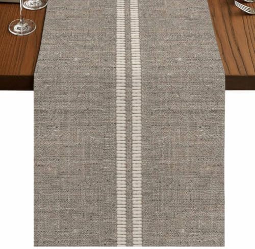 Cream Grain Line Table Runner 120 inches Long Soft Taupe Woven Canvas