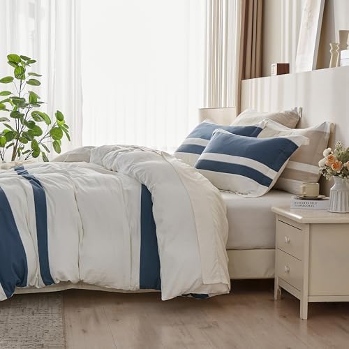 Simple&Opulence French Linen Duvet Cover Set with Stripe 104”x92”, 3