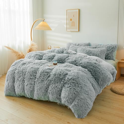 Fluffy Grey Faux Fur Comforter Cover Set Twin,Fluffy Fuzzy Plush Grey