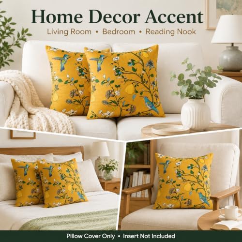 Mustard Yellow Floral Pillow Covers Set of 2, Polyester Flower Plant