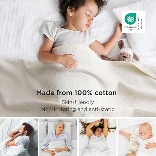 Bedsure 100% Cotton Blanket, Herringbone Weave, Throw XL, Cream