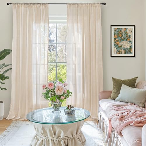 BGment Tan Linen Curtains 84 Inch Length 2 Panels Burlap Semi Sheer