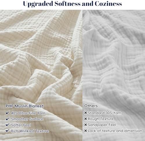 PHF 100% Cotton Muslin Blanket for Adults, Throw XL 50"x70", Oat Milk