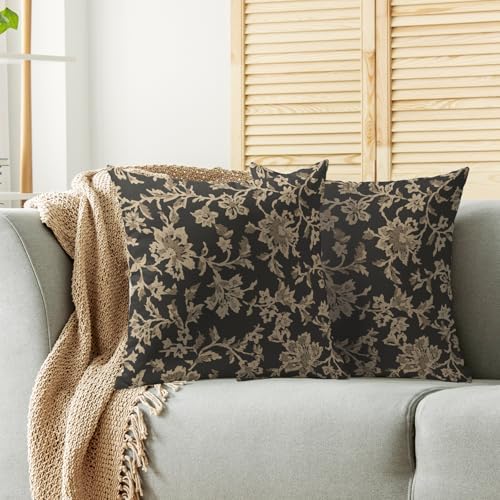 Dark Grey Vintage Floral Pillow Covers 18x18 Set of 2 Flower Botanical