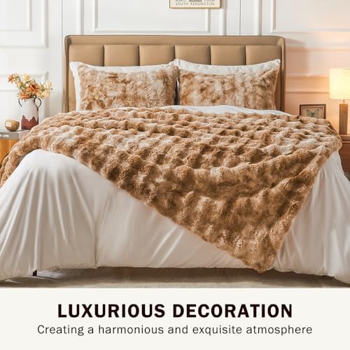 EMME Faux Rabbit Fur Bubble King Blanket, Tie Dye Brown 108" x 90"