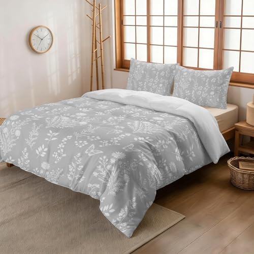 3 Pieces Bedding Set Queen Size, Grey Botanical Soft Duvet Covers Set