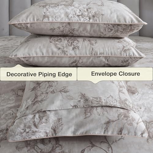 Gray-Beige Boho Floral Percale Sheets Queen Size Deep Pocket, 4Pcs
