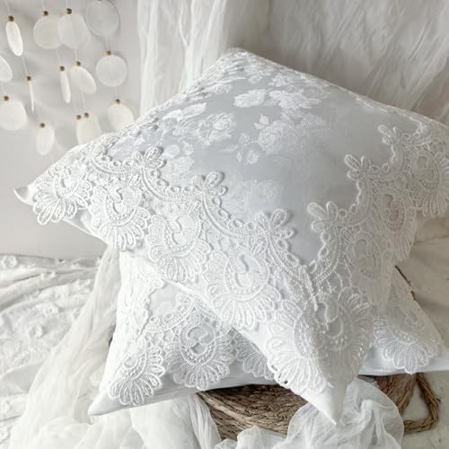 White Rose Jacquard Pillow Covers, Embroidered Lace Trim Throw