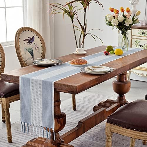 Wracra Linen Table Runner, Stripe Table Runners 48 Inches Long Blue