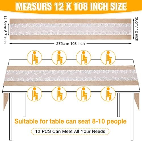 Chumia 12 Pcs 12 x 108 Inch Wedding Burlap Table Runners with White