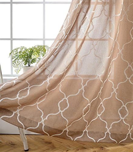 MIUCO Moroccan Embroidered Semi Sheer Curtains Faux Linen Grommet