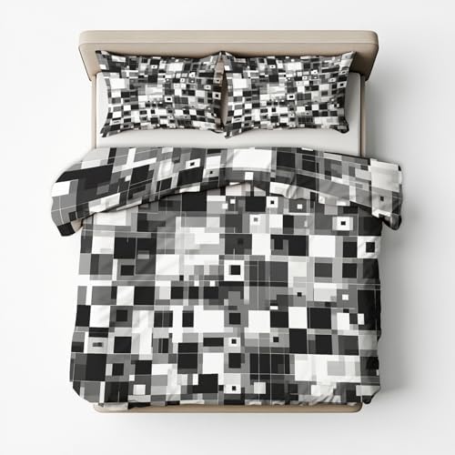Geometric Duvet Cover Queen Size, Modern Abstract Grey Reversible