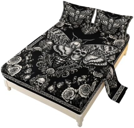 AILONEN Ivory Floral Moth Full 4 Piece Bedding Set with Fitted and