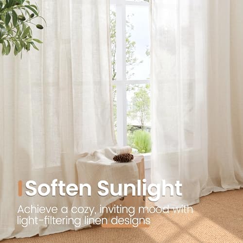 BGment Oatmeal Semi Sheer Line Curtains for Living Room 84 Inch Length