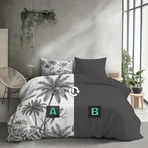 Tropical Print Microfiber Grey Duvet Cover Set King