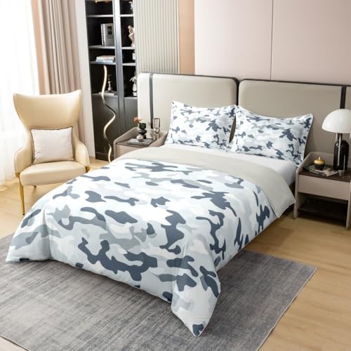 Manfei Grey Camouflage 100% Cotton Duvet Cover Set Minimalist Camo
