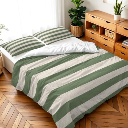 3 Pieces Duvet Cover California King Bedding Sets Sage Green Stripe