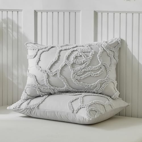Tufted Boho Duvet Cover Set 3 Pieces, Gray Jacquard Embroidery