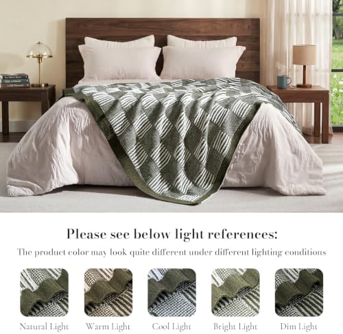 Amélie Home Checkered Knit Throw Blanket for Couch, Olive Green