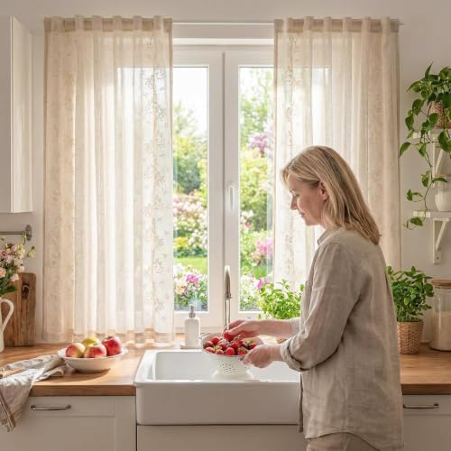 jinchan Floral Linen Curtains, Back Tab 50x63 Inch, 2 Panels Ivory