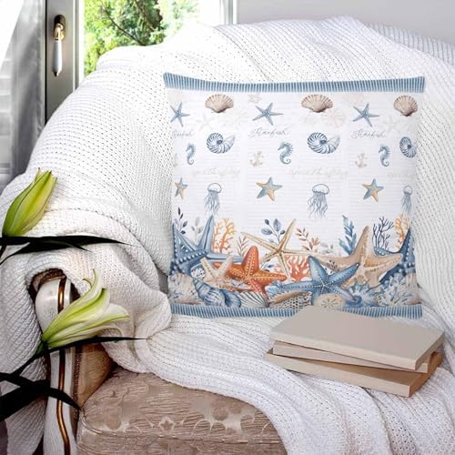 Coastal Starfish Pillow Covers 24x24 Set of 2, Orange Blue Summer
