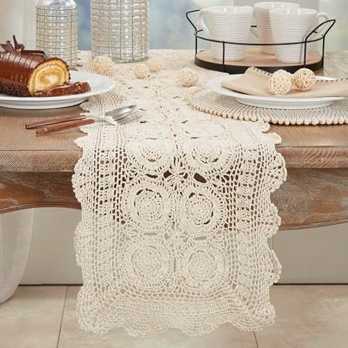 SARO LIFESTYLE Crochet Lace Table Runner – Handmade Cotton Table Linen