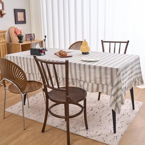 vctops Farmhouse Grey Stripe Ruffle Table Cloth, Boho Cotton Linen