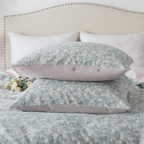 HoneiLife Cotton Floral Duvet Cover Sets, Light Green with Zipper