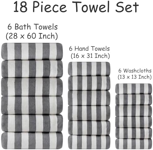 18 Pcs Gray Stripe Bath Towel Set with Hanging Loop-6 Bath Towels,6