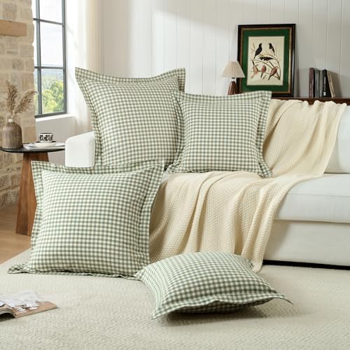 Sage Green Gingham Throw Pillow Covers, 22" x 22", Set of 2