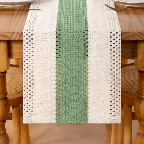 DeZerlor Ivory Sage Farmhouse Table Runner 90Inch Woven Linen Dining
