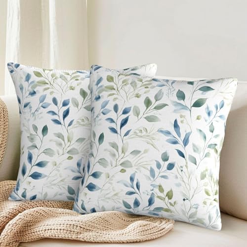 KiuLoam Blue Sage Green Watercolor Leaves Pillow Covers 22x22 Inch Set