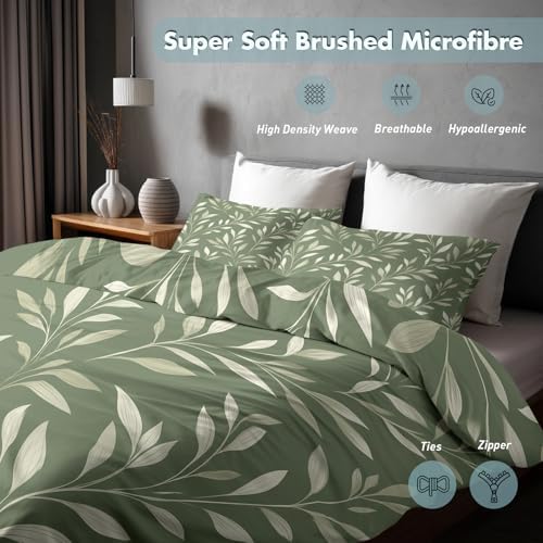 Sage Green Leaf Duvet Cover Queen Size, Leaves Pattern Bedding Set