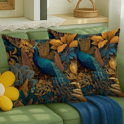 Elegant Peacock Throw Pillow Covers Set of 2, Teal and Gold Tropical