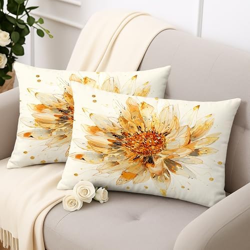 Floral Throw Pillow Covers Set of 2, Cream and Gold Sunflower Design