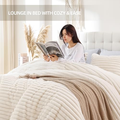 Smoofy Fluffy King Size Comforter 3 PCS - Cream White Fleece Bedding
