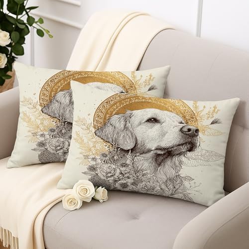 Set of 2 Decorative Throw Pillow Covers, Cream Dog Illustration with
