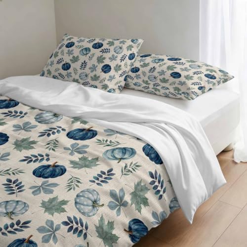 Blue Pumpkins Fall Duvet Cover Set 3 Pieces with Zipper Closure