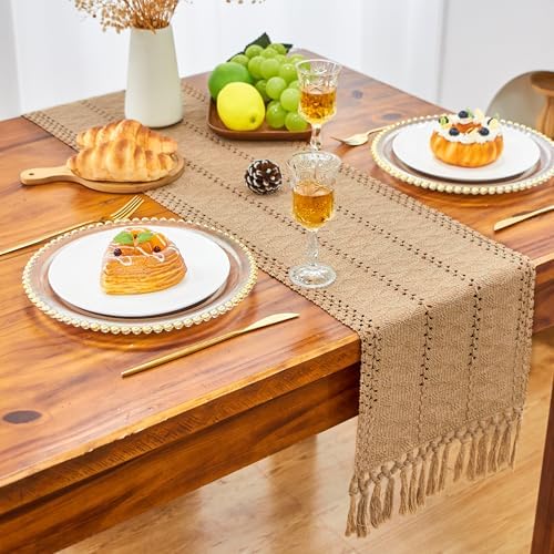 FEXIA Boho Table Runner Fall Burlap Brown Coffee Table Decor 12x90