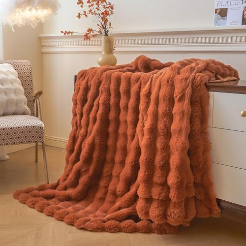 LIFEREVO Luxury Fluffy Faux Rabbit Fur Throw Blanket 60x80, Burnt