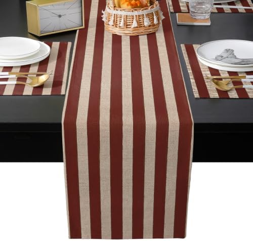 Oatmeal Tan Striped Table Mats Set of 6 with Table Runner 90 Inches